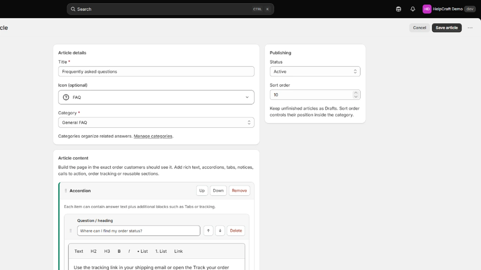 HelpCraft Article Composer editor.