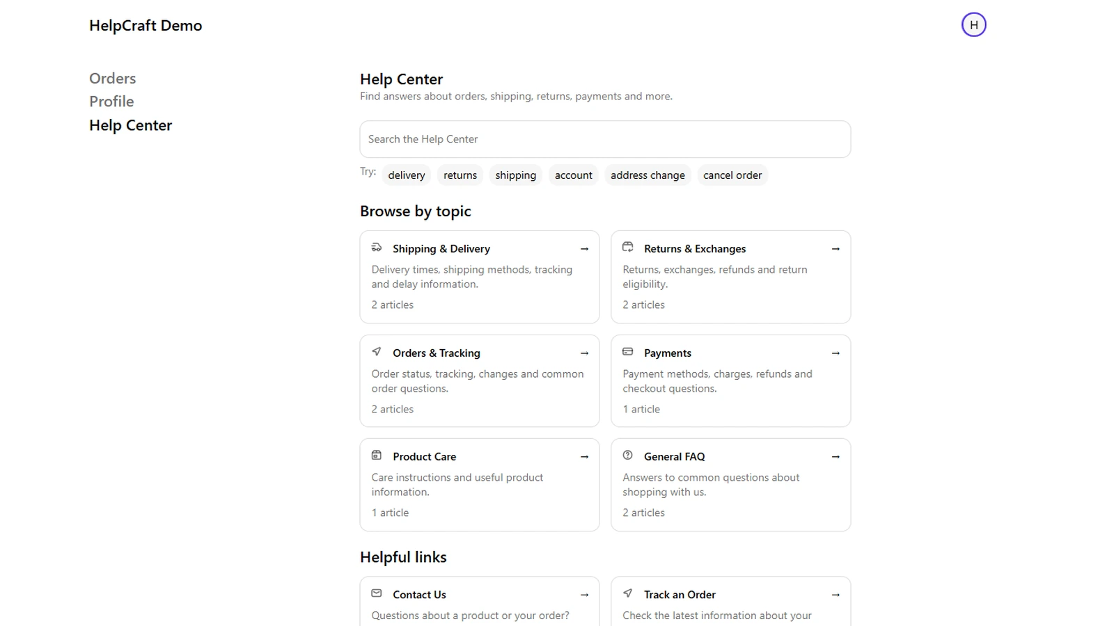 HelpCraft customer account help center.