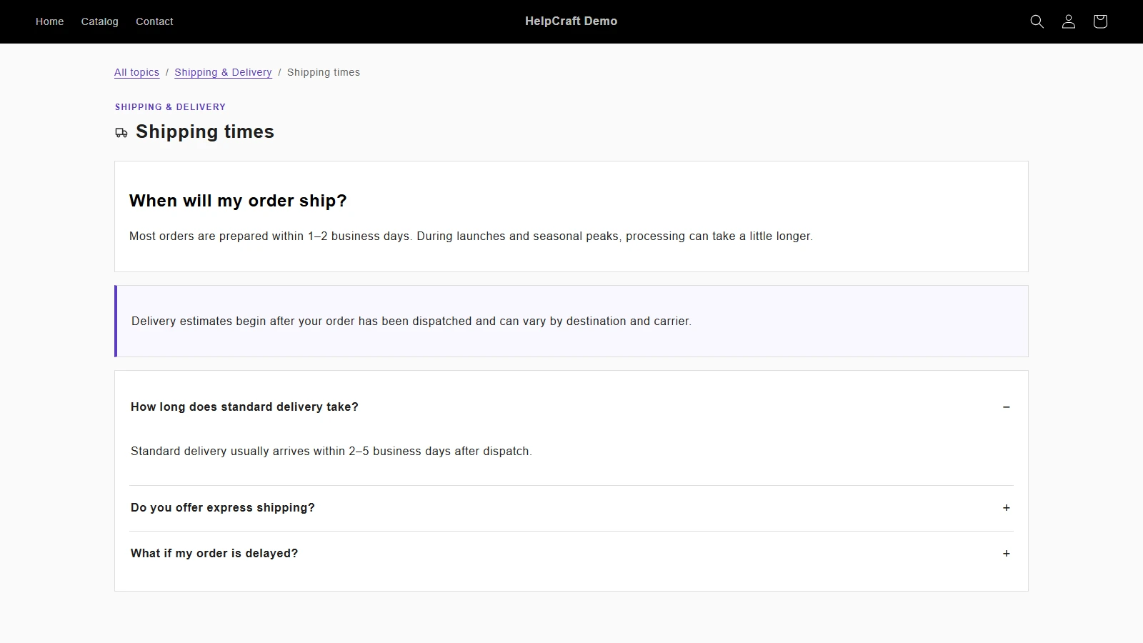 Structured storefront help article in HelpCraft.