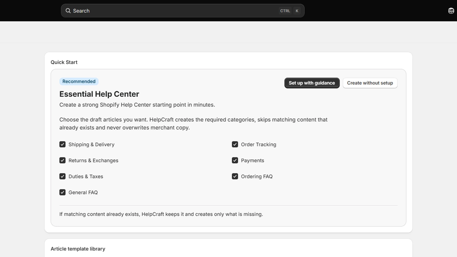 HelpCraft templates and quick start screen.